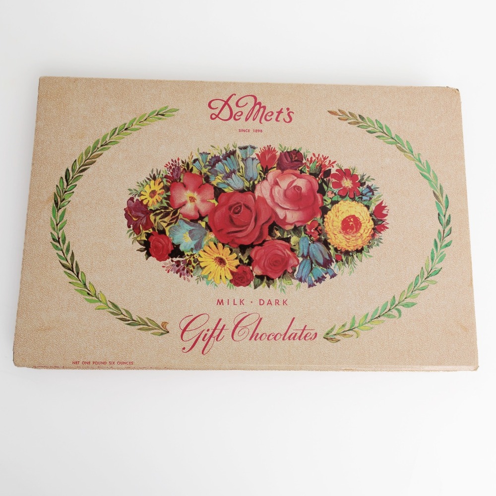 Vintage DeMet's Chocolate Candy Box Floral Roses Empty Mid-Century